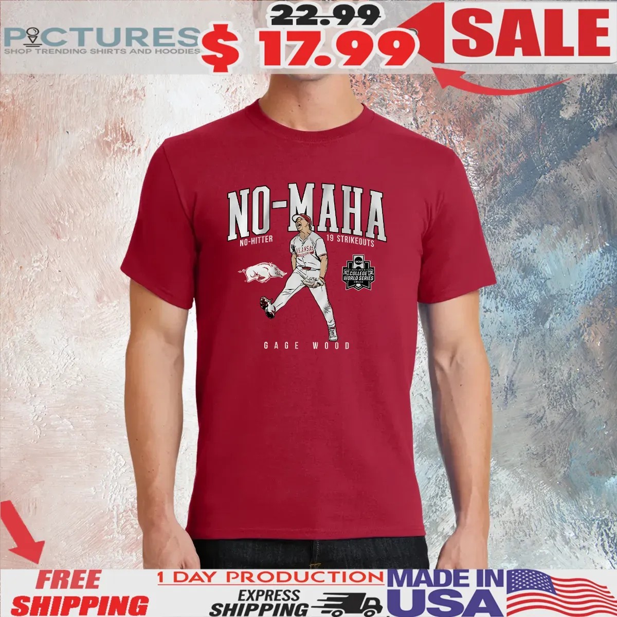 Arkansas Razorbacks Baseball Gage Wood College World Series No-Maha No-Hitter 19 Strikeouts T Shirt