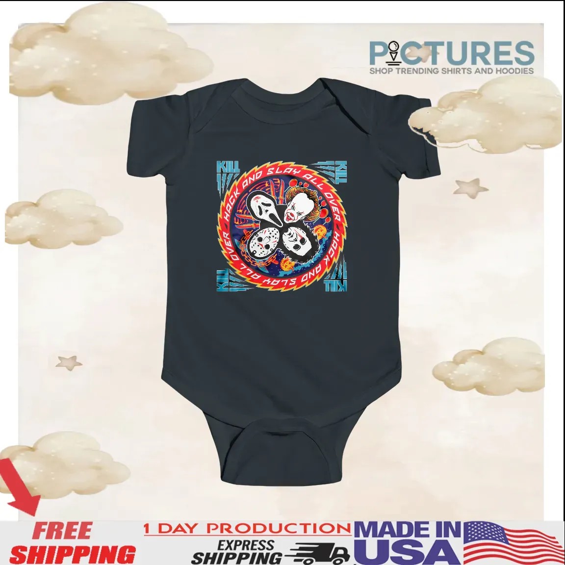 Kiss Of Death Hack And Slay All Over Horror Movie Turbo T Shirt