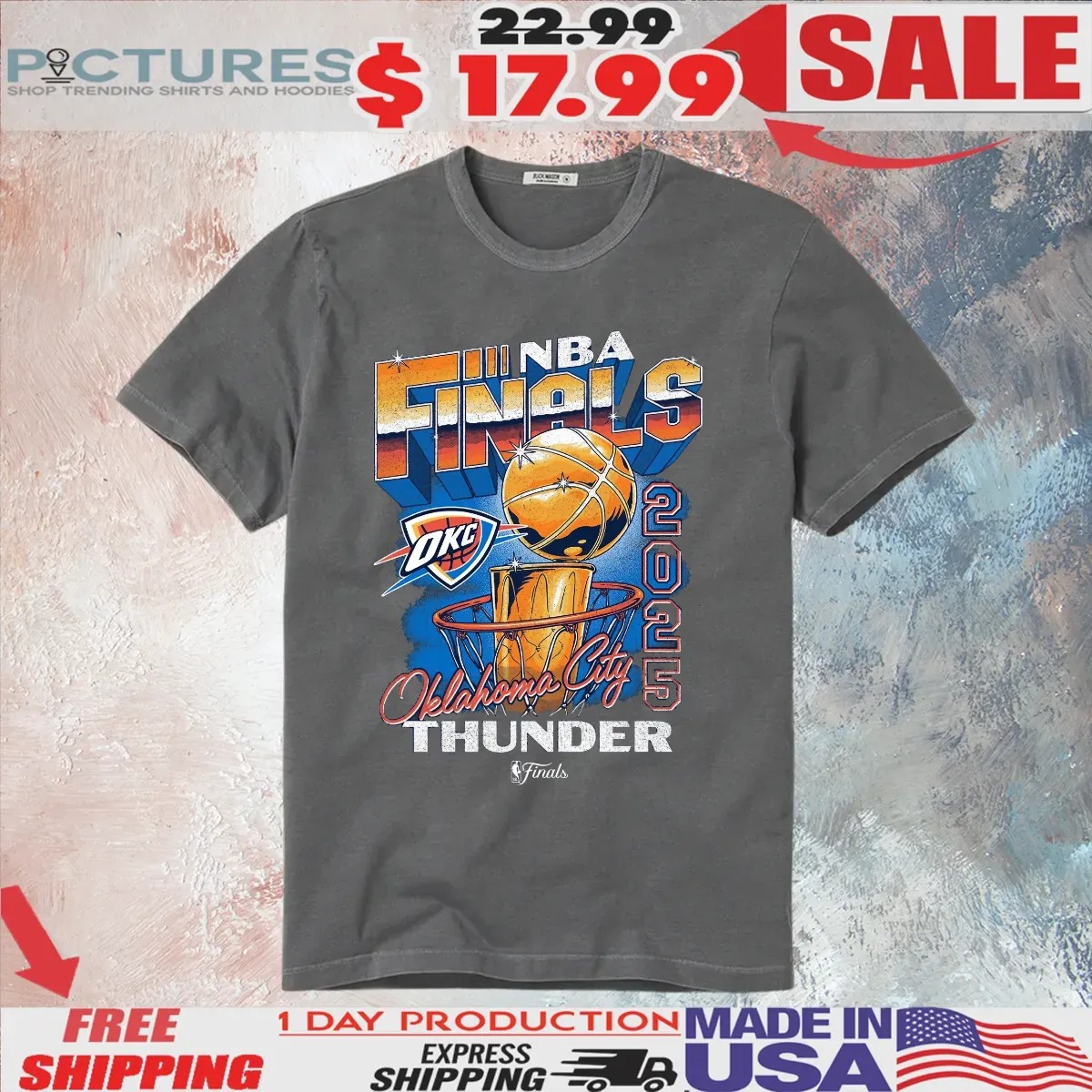 Oklahoma City Thunder 2025 NBA Finals Vintage Hoop and Trophy T Shirt