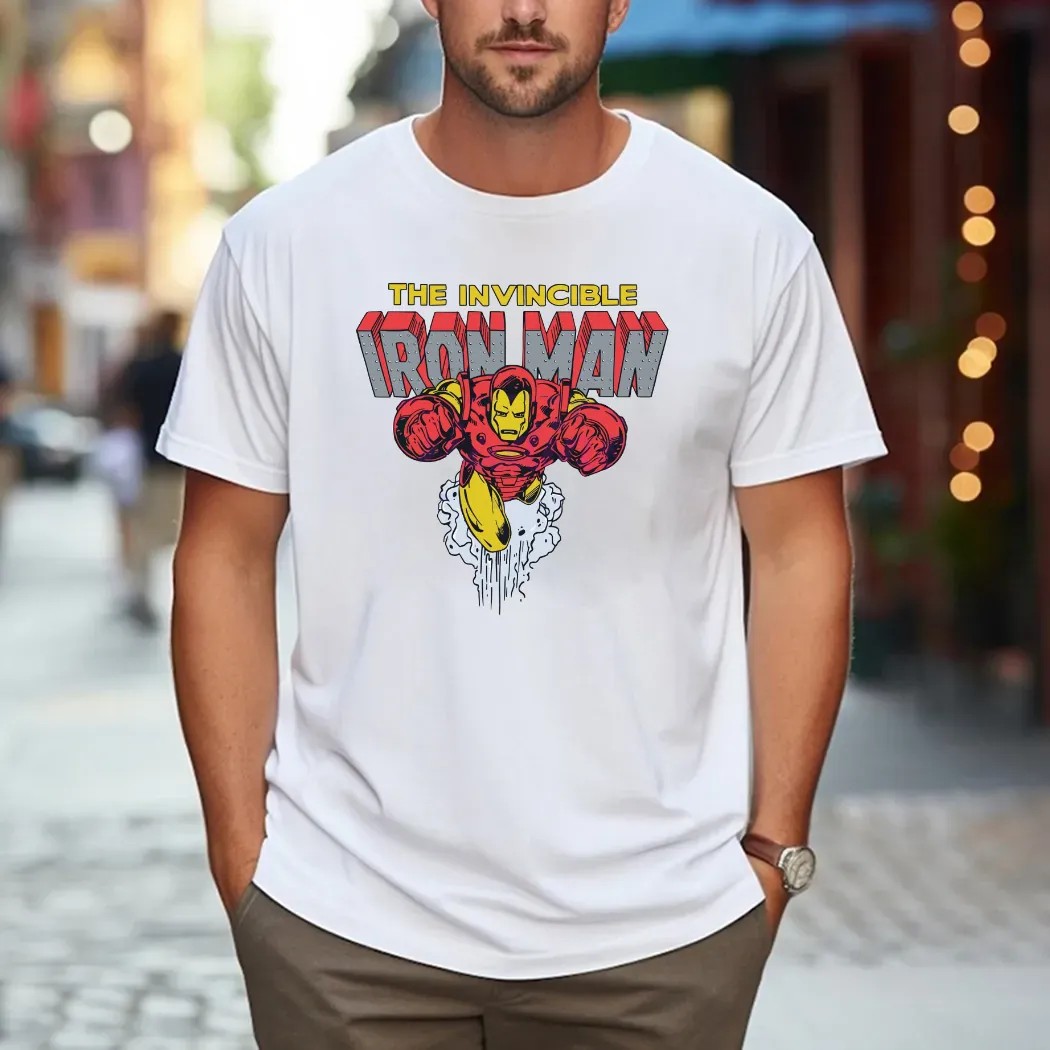 The Invincible Iron Man Retro Marvel Superhero Flying Action Pose T Shirt