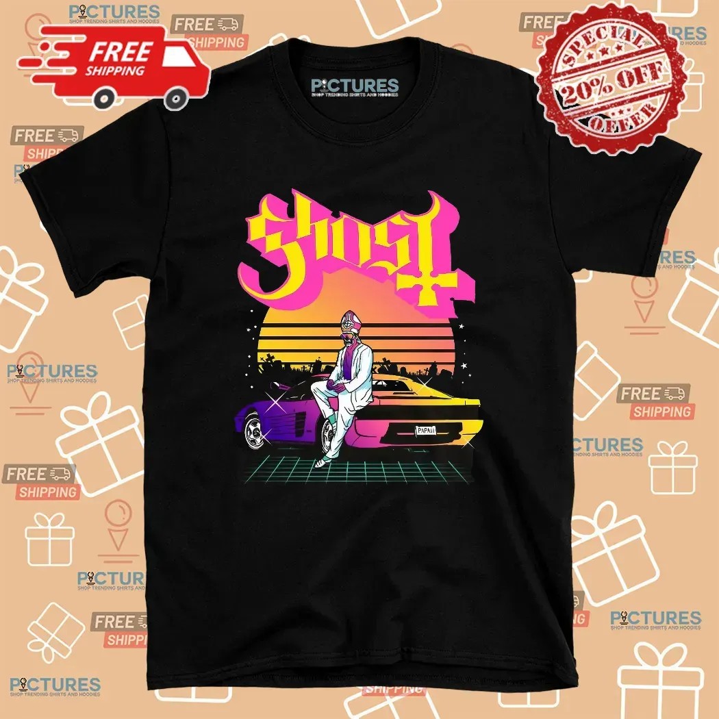 Ghost Papa 2 Vice Vaporwave Skeleton Priest Sports Car Sunset Scene T Shirt
