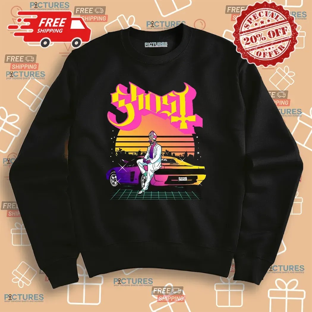 Ghost Papa 2 Vice Vaporwave Skeleton Priest Sports Car Sunset Scene T Shirt