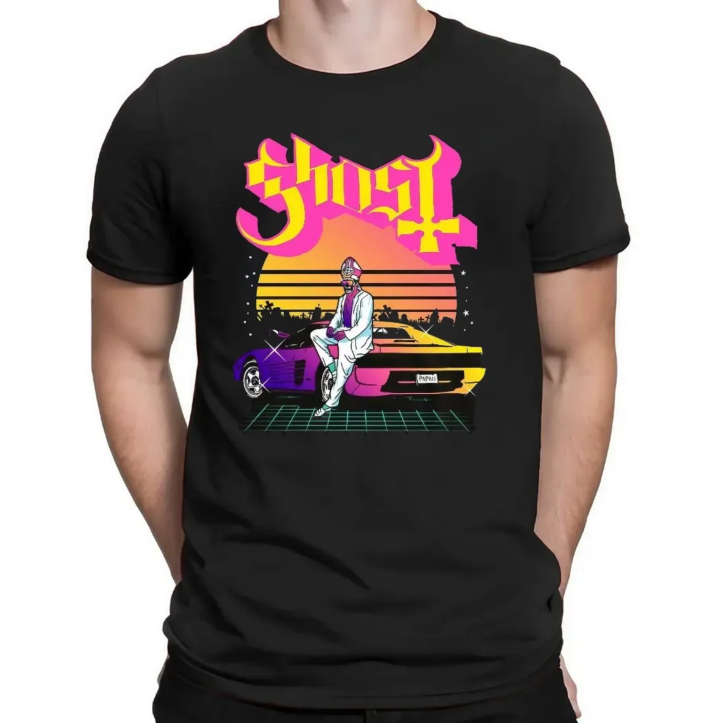 Ghost Papa 2 Vice Vaporwave Skeleton Priest Sports Car Sunset Scene T Shirt