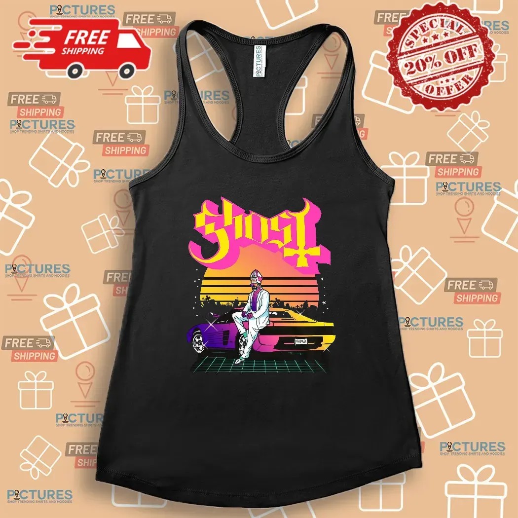 Ghost Papa 2 Vice Vaporwave Skeleton Priest Sports Car Sunset Scene T Shirt