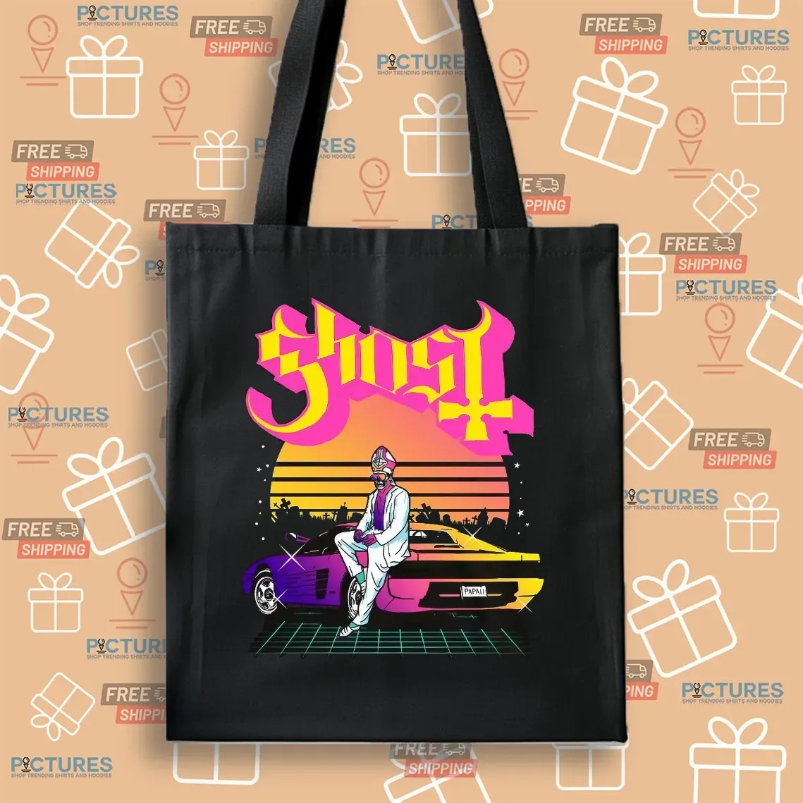 Ghost Papa 2 Vice Vaporwave Skeleton Priest Sports Car Sunset Scene T Shirt