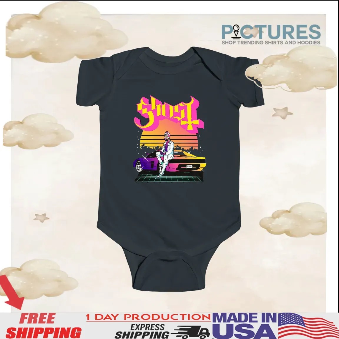 Ghost Papa 2 Vice Vaporwave Skeleton Priest Sports Car Sunset Scene T Shirt