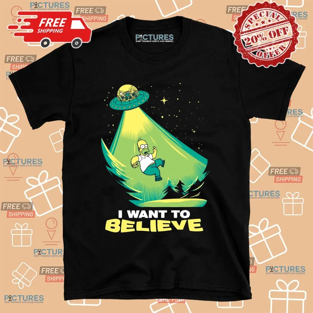Homer Simpson I Want to Believe Parody Cartoon UFO Alien T Shirt