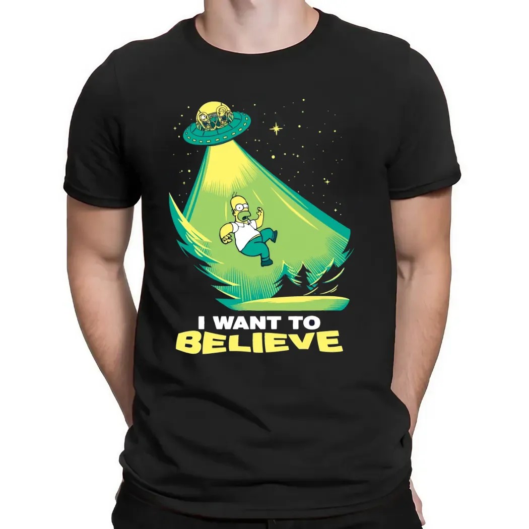 Homer Simpson I Want to Believe Parody Cartoon UFO Alien T Shirt