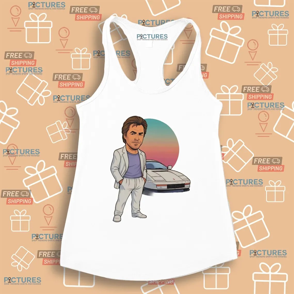 Sonny Crockett Miami Vice Car Caricature Vintage T Shirt