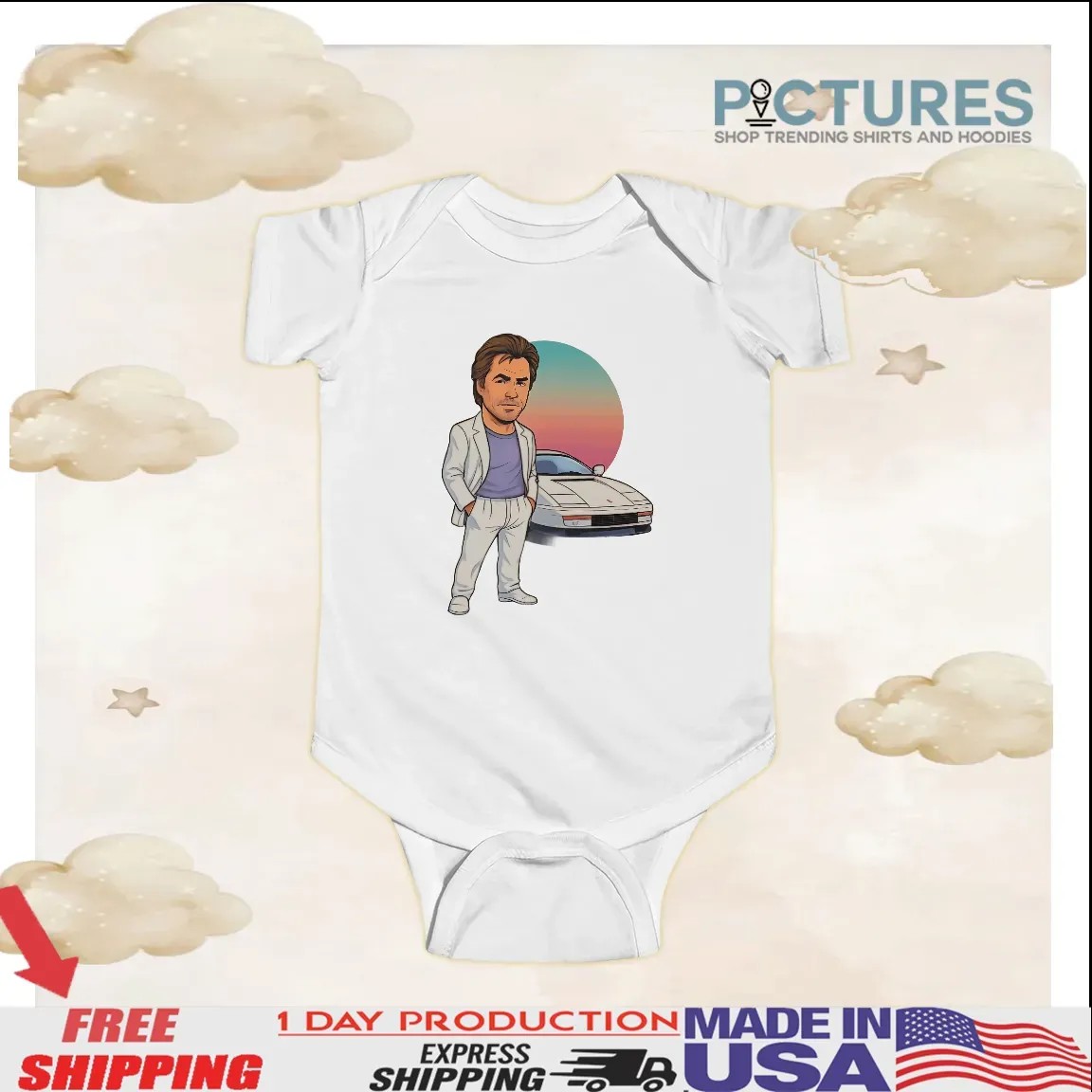 Sonny Crockett Miami Vice Car Caricature Vintage T Shirt