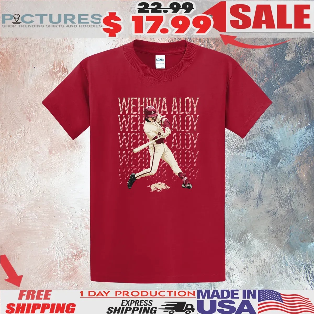 Wehiwa Aloy Arkansas Razorbacks Baseball Pose T Shirt