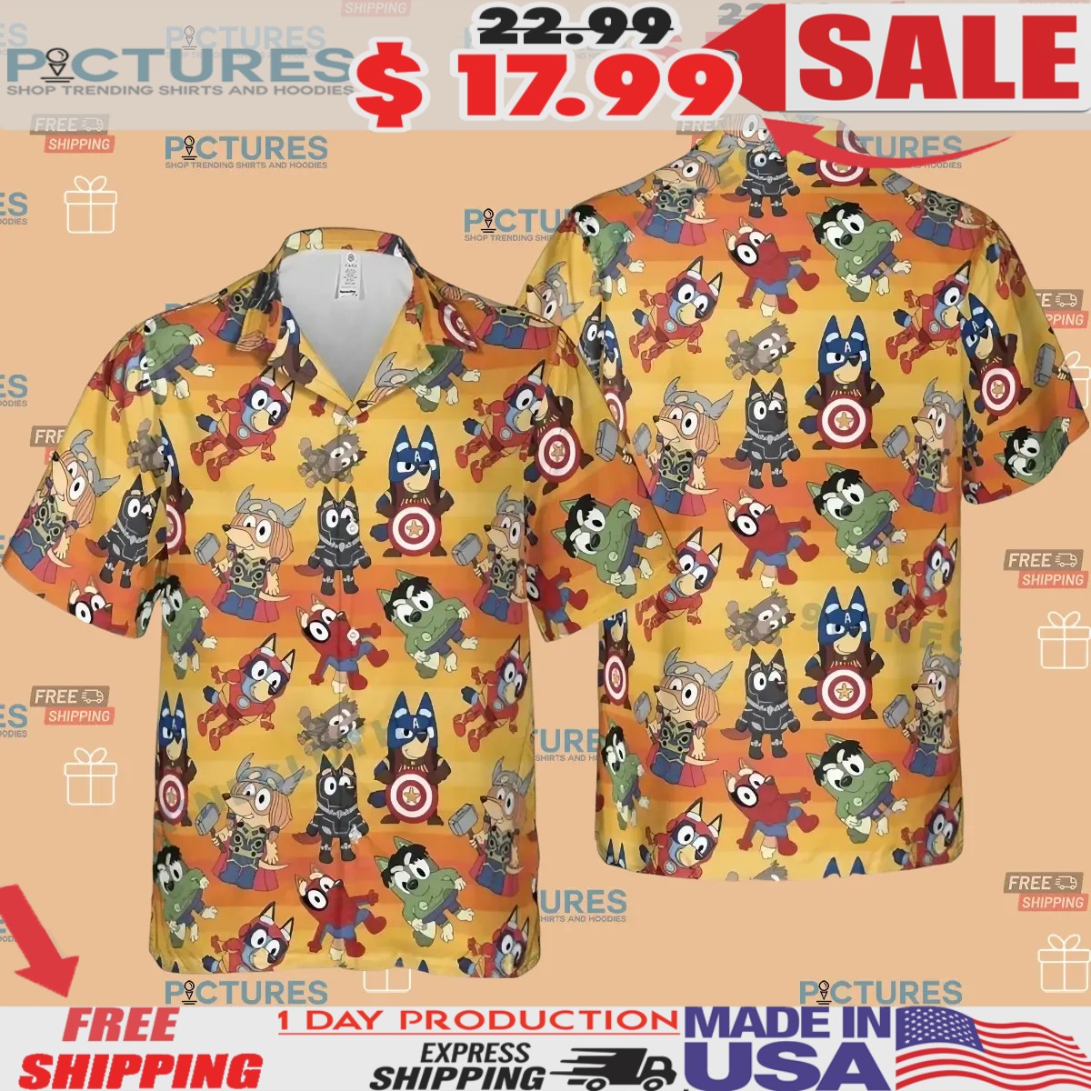 Bluey Super Hero Avengers Hawaiian Button Up Shirt