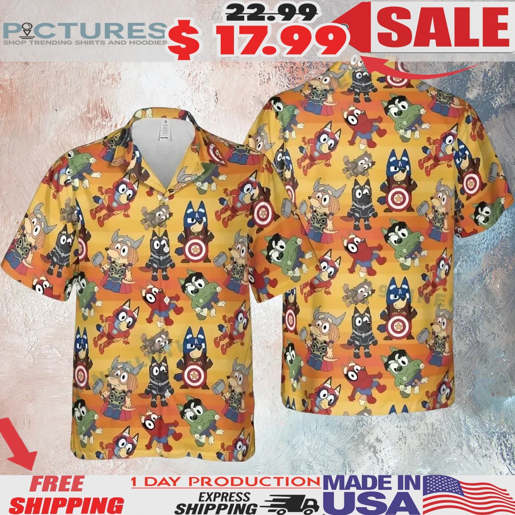 Bluey Super Hero Avengers Hawaiian Button Up Shirt Bluey Super Hero Avengers Hawaiian Button Up Shirt