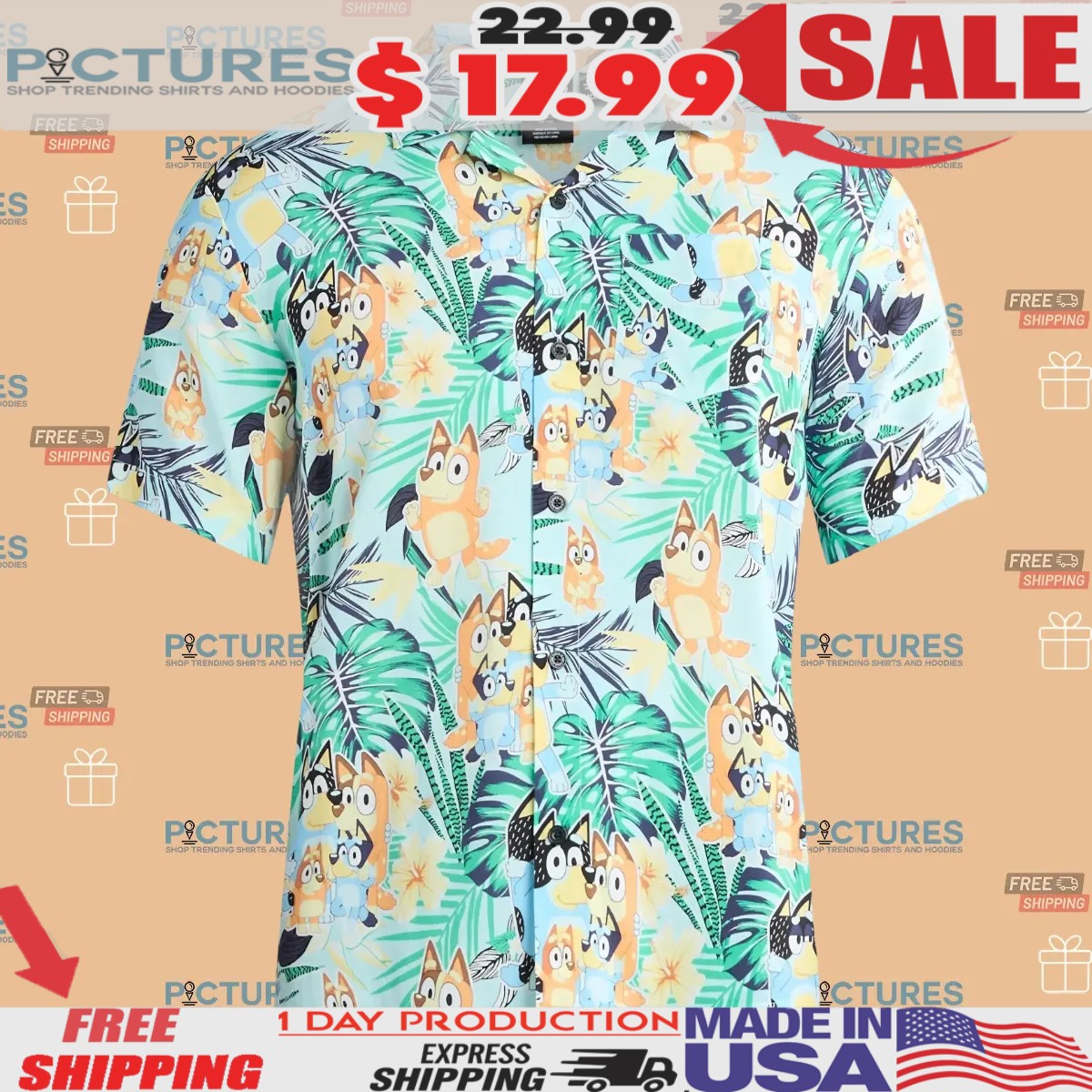 Bluey Tropical Summer Hawaiian Print Button-Up Shirt