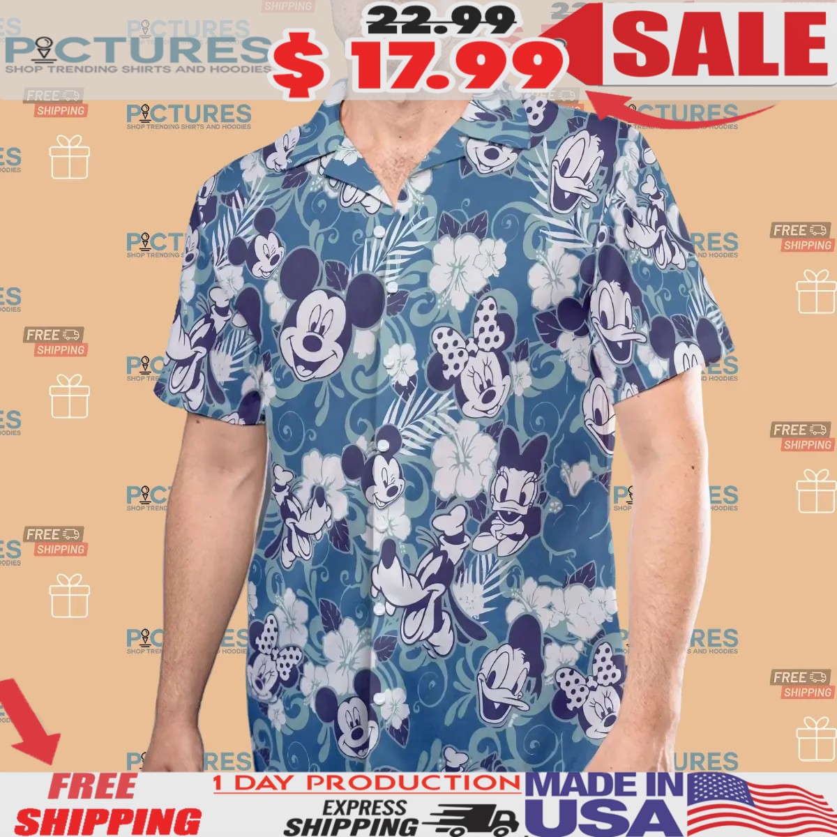 Disney Mickey Mouse Minnie Mouse Aloha Button Up Hawaiian Shirt