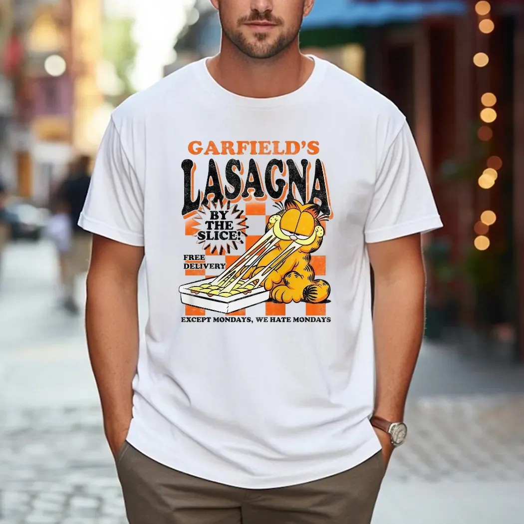 Garfield's Lasagna By The Slice Free Delivery Except Mondays We Hate Mondays T Shirt