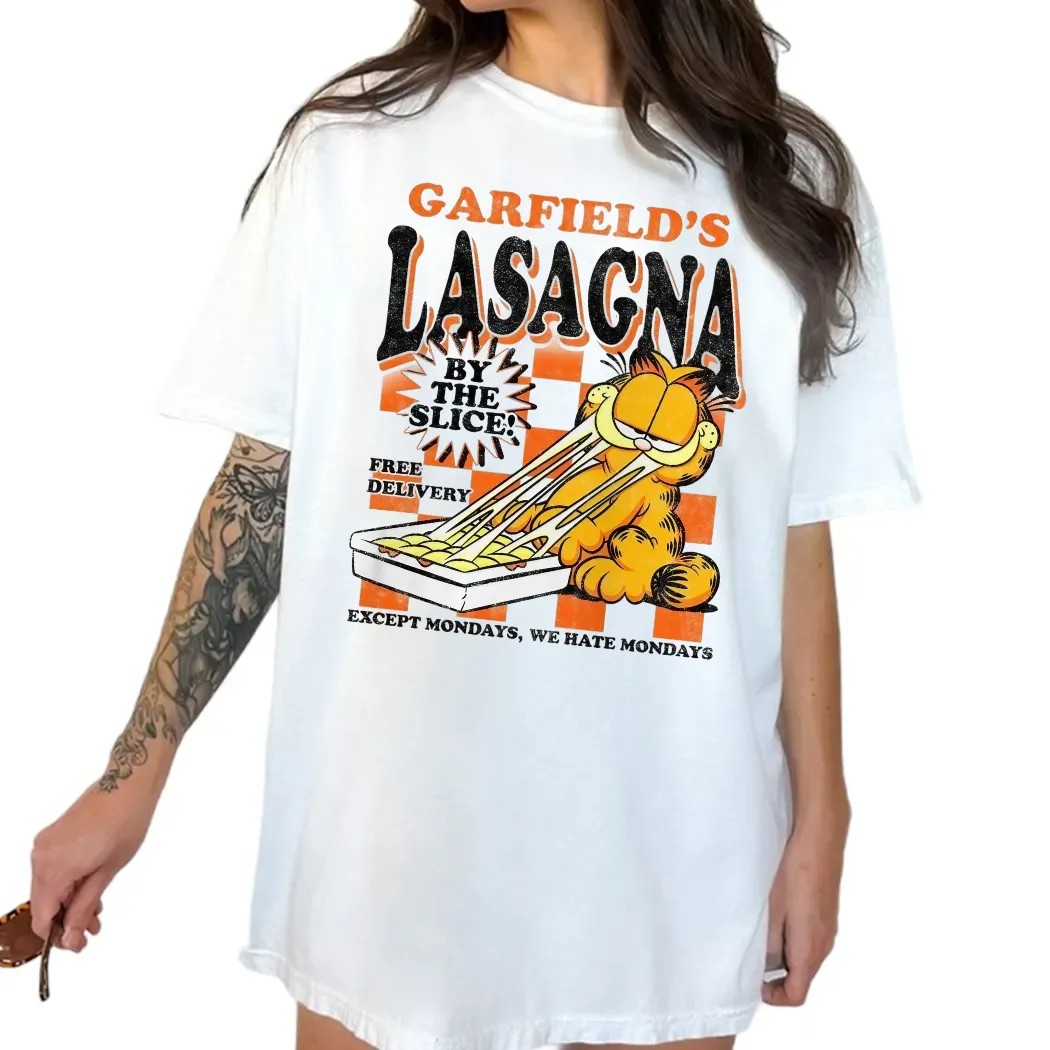 Garfield's Lasagna By The Slice Free Delivery Except Mondays We Hate Mondays T Shirt