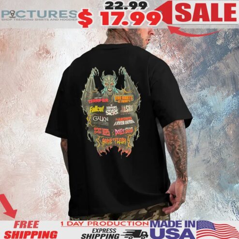 Halloween Horror Nights 2025 Horror Properties Terrifier, Five Nights At Freddy's, Fallout, Jason, Galkn Monsters Of North T Shirt