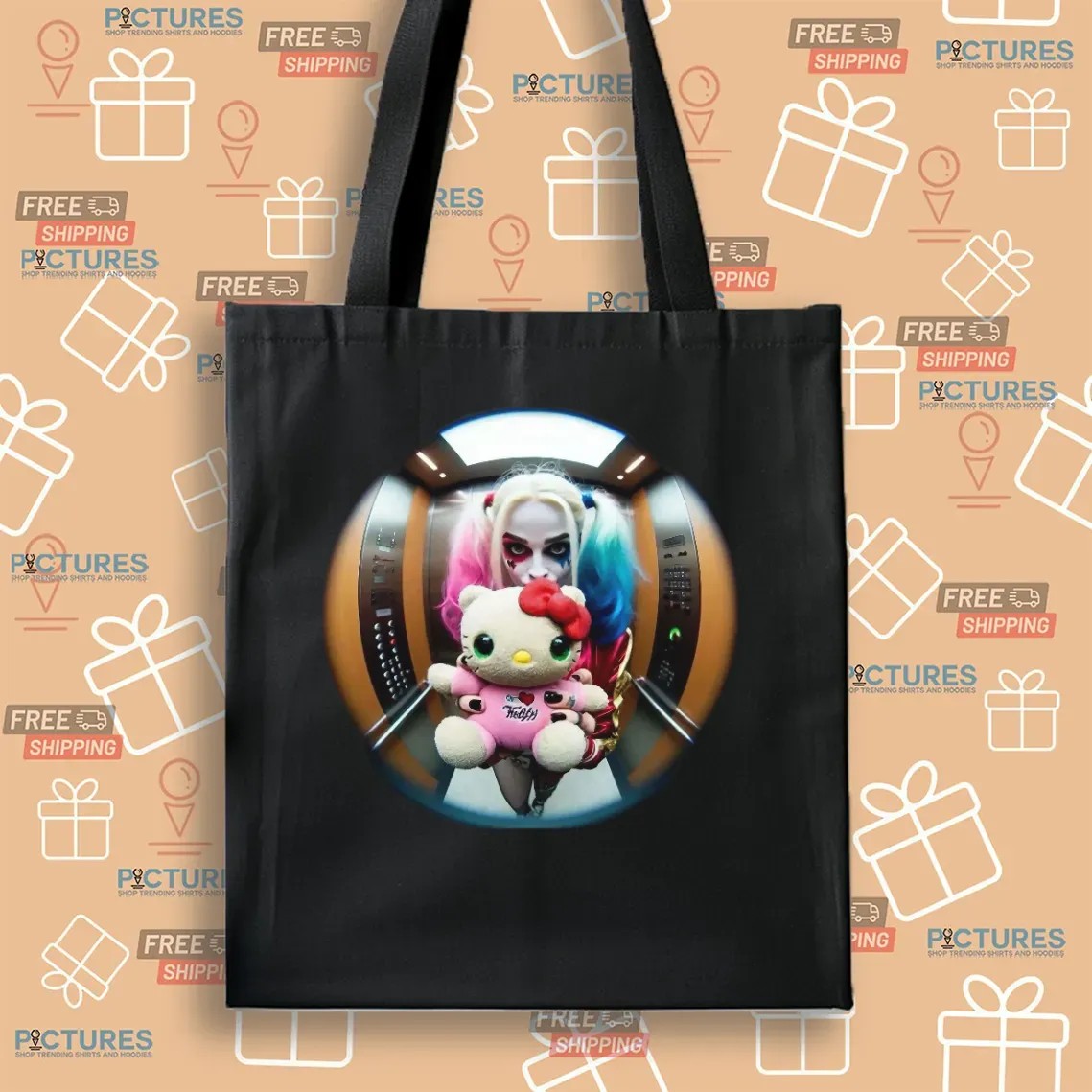 Harley Quinn x Hello Kitty In Elevator fisheye lens Graphic T Shirt