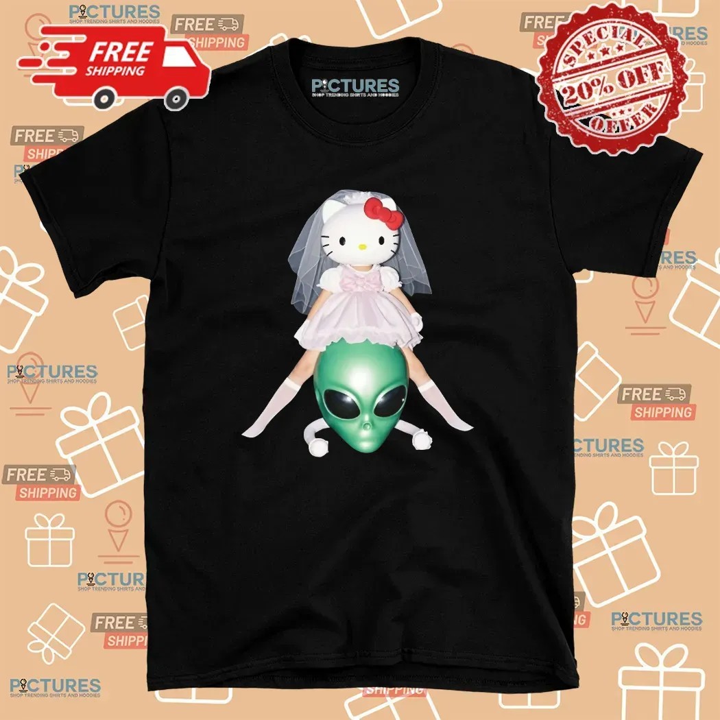 Hello Kitty Bride x Alien Head Quirky Surreal Graphic T Shirt