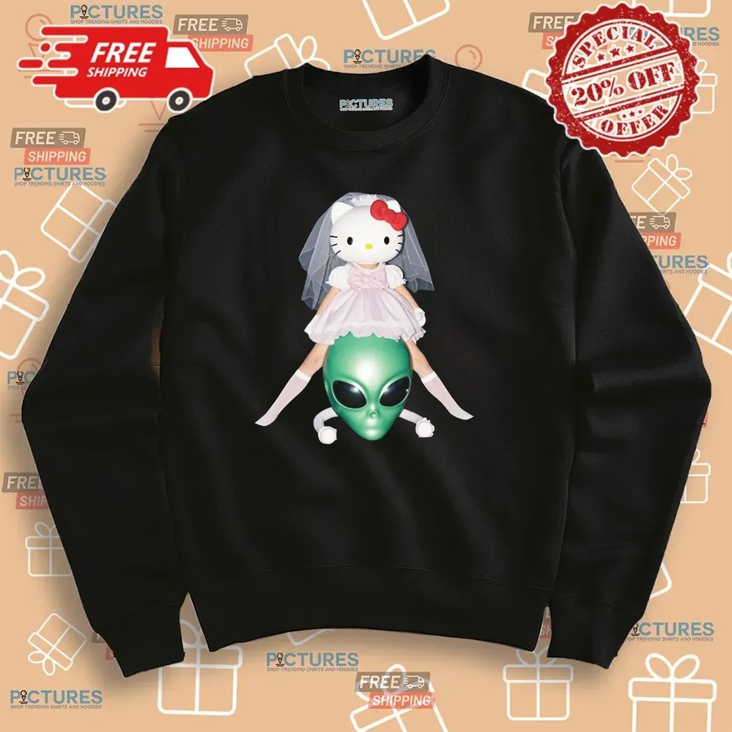 Hello Kitty Bride x Alien Head Quirky Surreal Graphic T Shirt