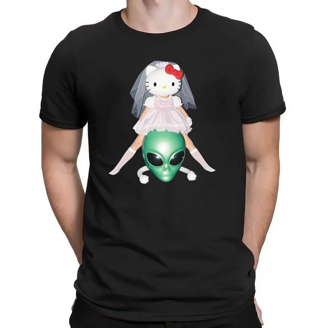 Hello Kitty Bride x Alien Head Quirky Surreal Graphic T Shirt