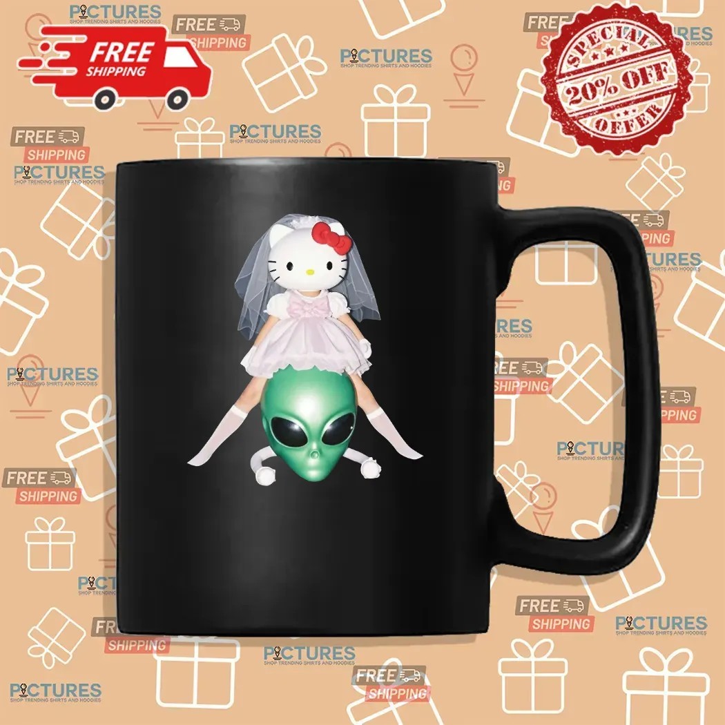 Hello Kitty Bride x Alien Head Quirky Surreal Graphic T Shirt