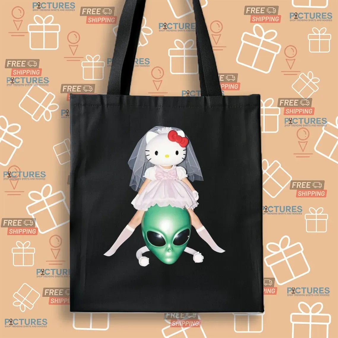 Hello Kitty Bride x Alien Head Quirky Surreal Graphic T Shirt