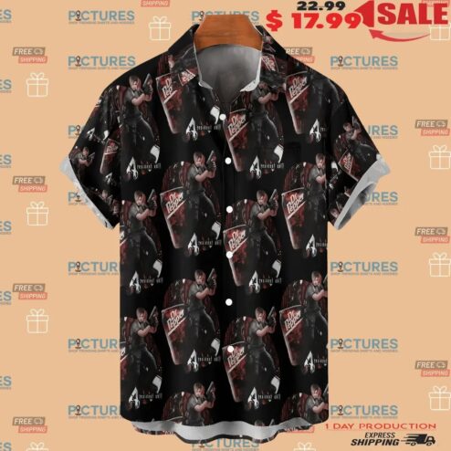 Resident Evil Leon Kennedy Dr Pepper Soft Drink Video Game Mashup Hawaiian Button Up Shirt