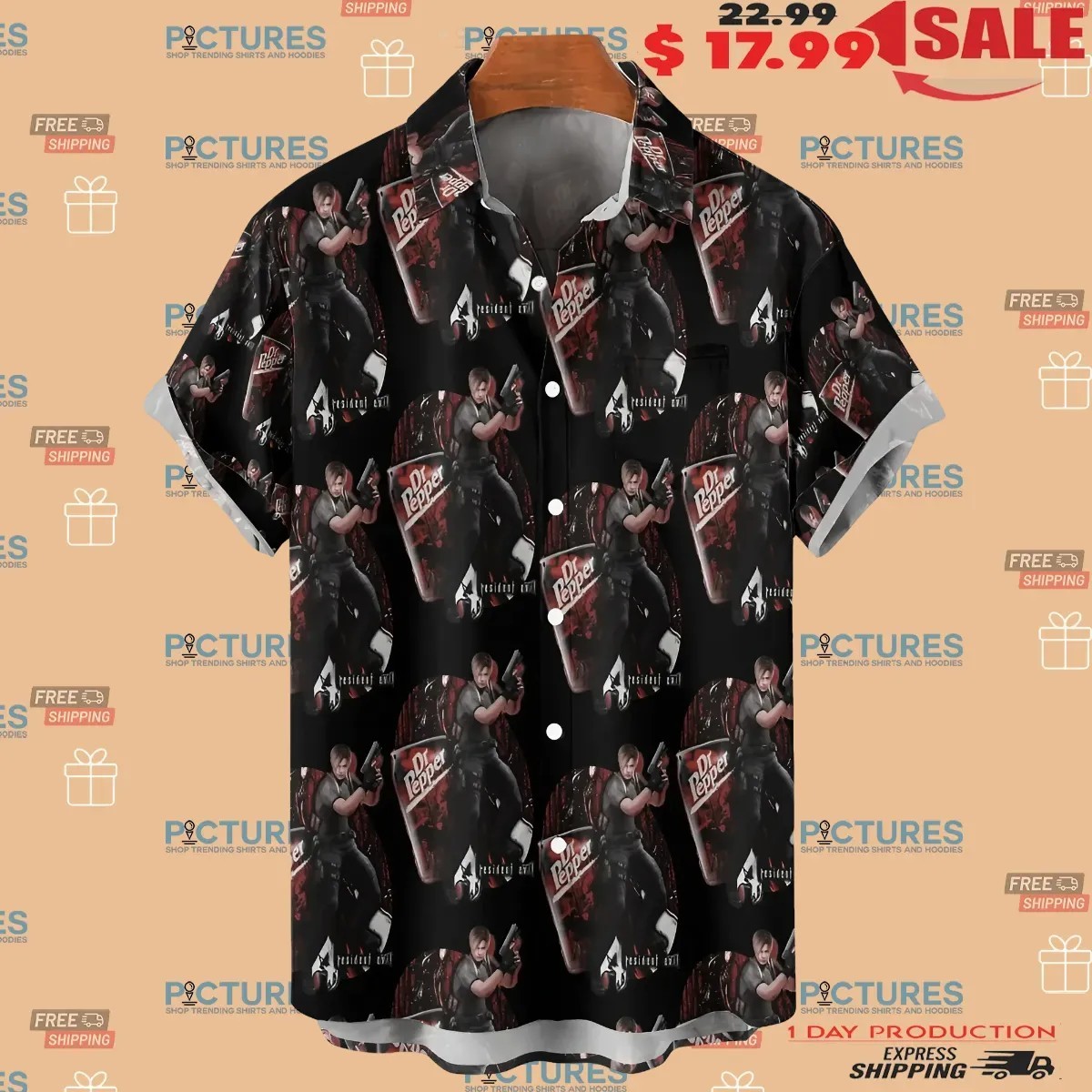 Resident Evil Leon Kennedy Dr Pepper Soft Drink Video Game Mashup Hawaiian Button Up Shirt