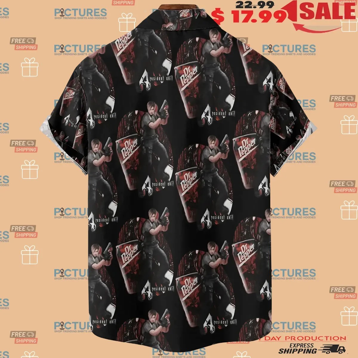 Resident Evil Leon Kennedy Dr Pepper Soft Drink Video Game Mashup Hawaiian Button Up Shirt
