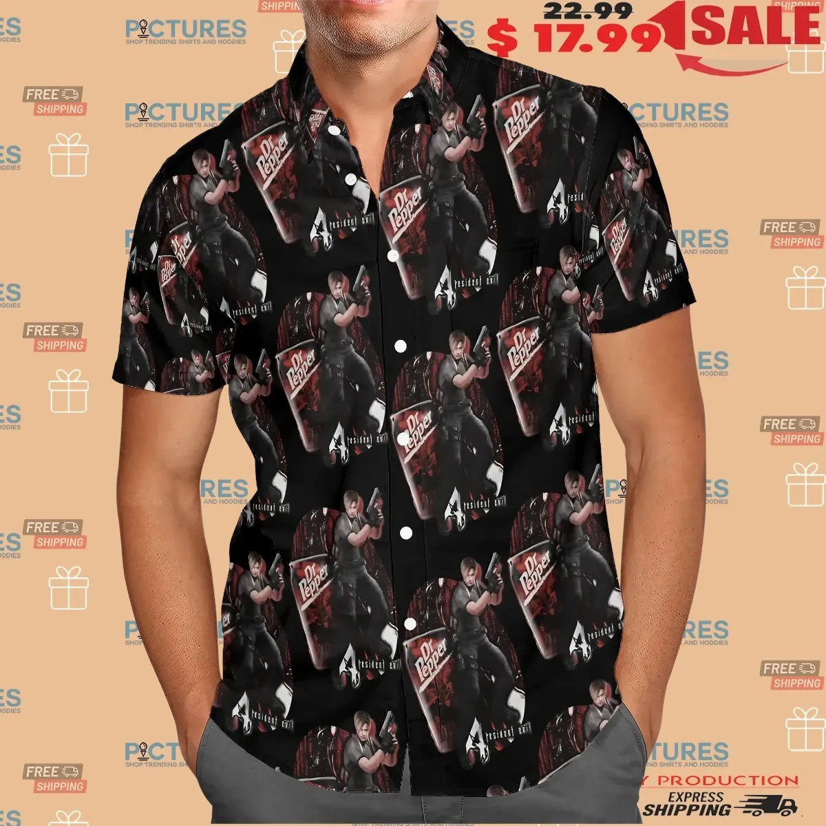 Resident Evil Leon Kennedy Dr Pepper Soft Drink Video Game Mashup Hawaiian Button Up Shirt