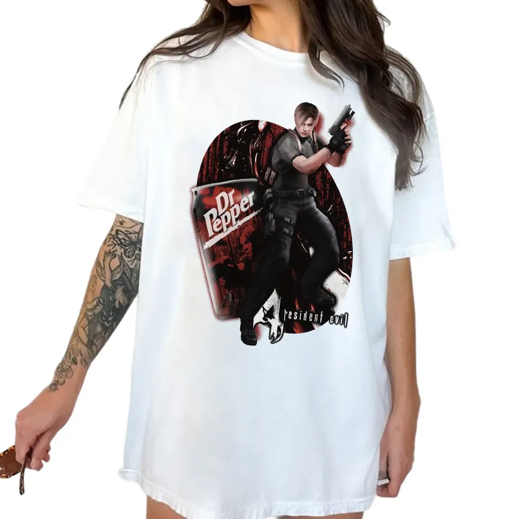 Resident Evil Leon Kennedy Dr Pepper Soft Drink Video Game Mashup T Shirt