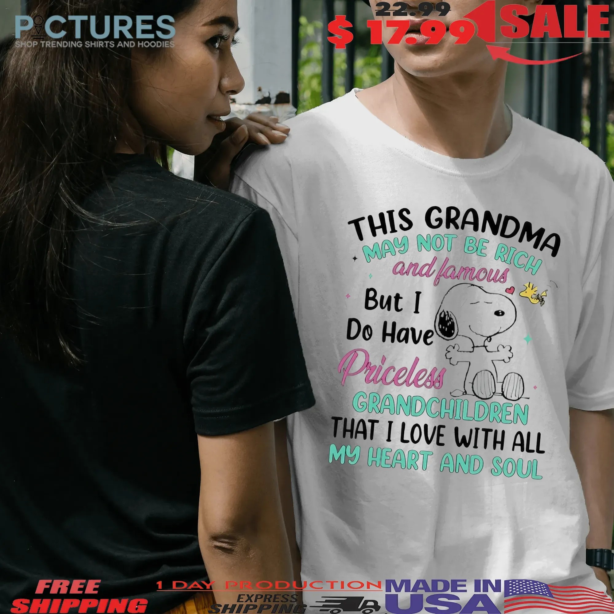 Snoopy And Woodstock This Grandma May Not Be Rich And Famous But I Do Have Priceless Grandchildren That I Love With All My Heart And Soul T Shirt