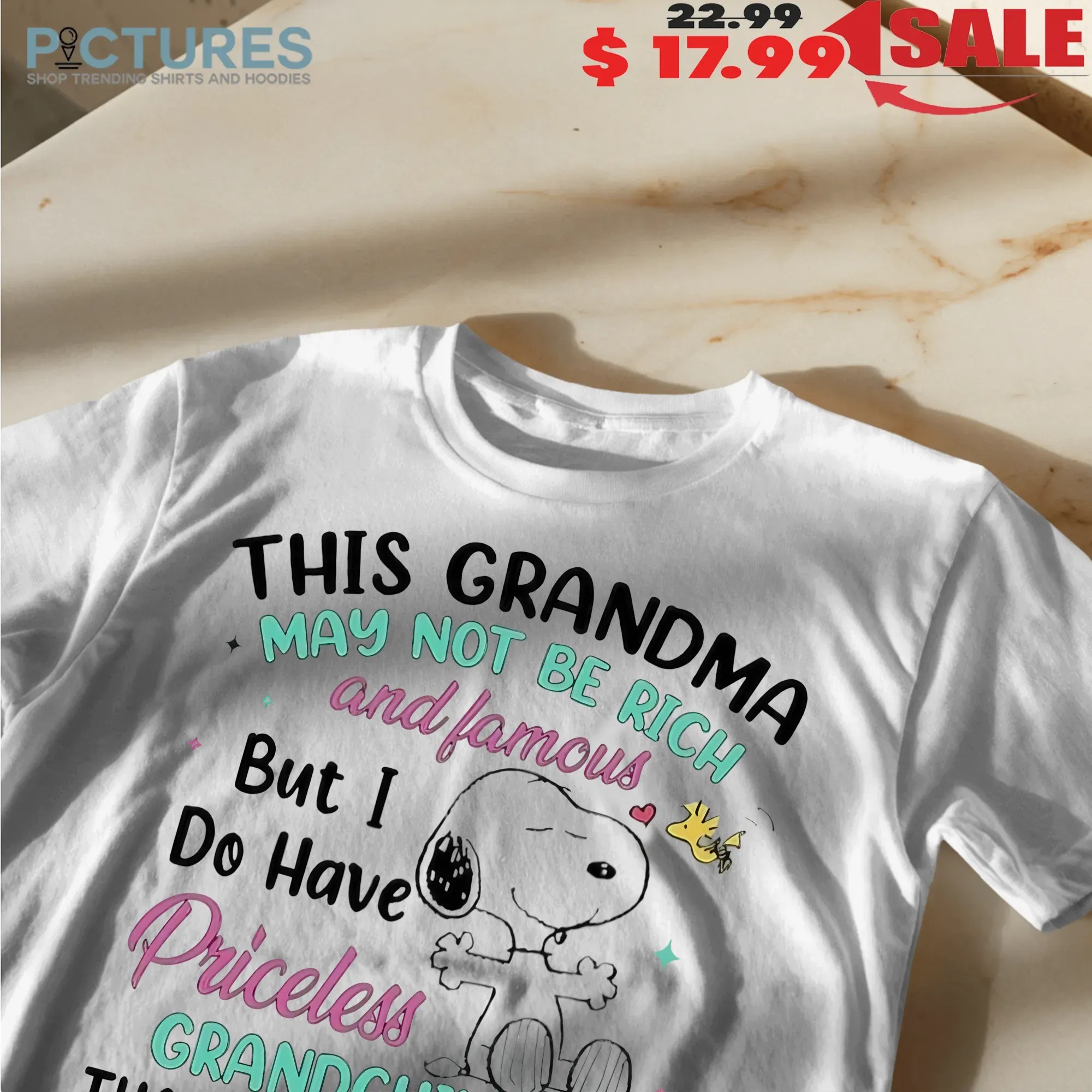 Snoopy And Woodstock This Grandma May Not Be Rich And Famous But I Do Have Priceless Grandchildren That I Love With All My Heart And Soul T Shirt
