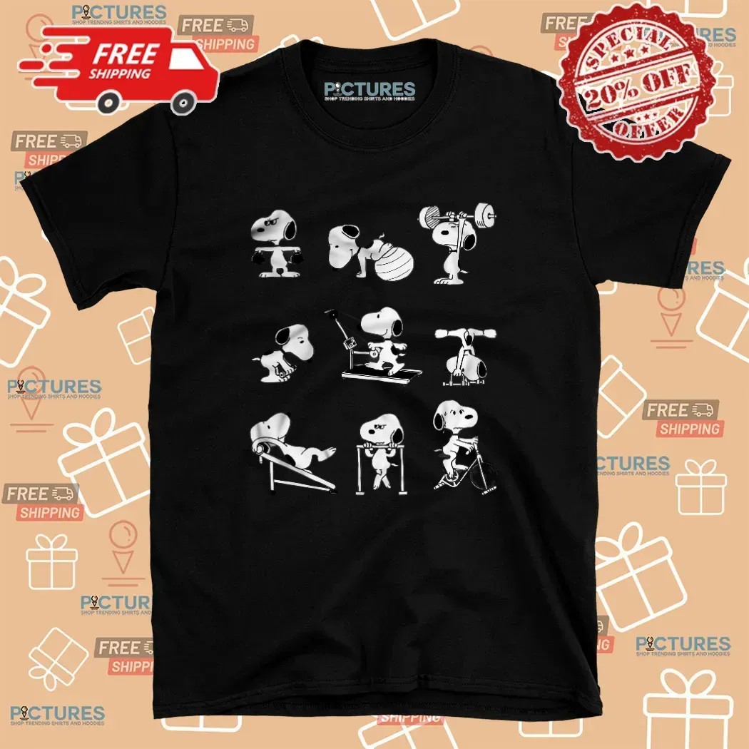 Snoopy Gym Workout Poses Peanuts Cartoon Fitness Graphic T Shirt