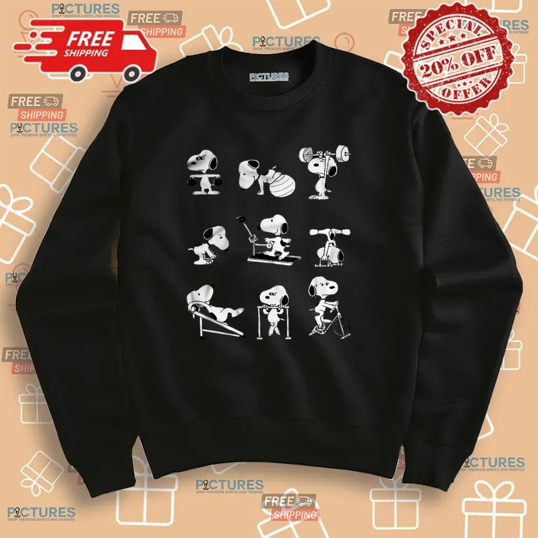 Snoopy Gym Workout Poses Peanuts Cartoon Fitness Graphic T Shirt