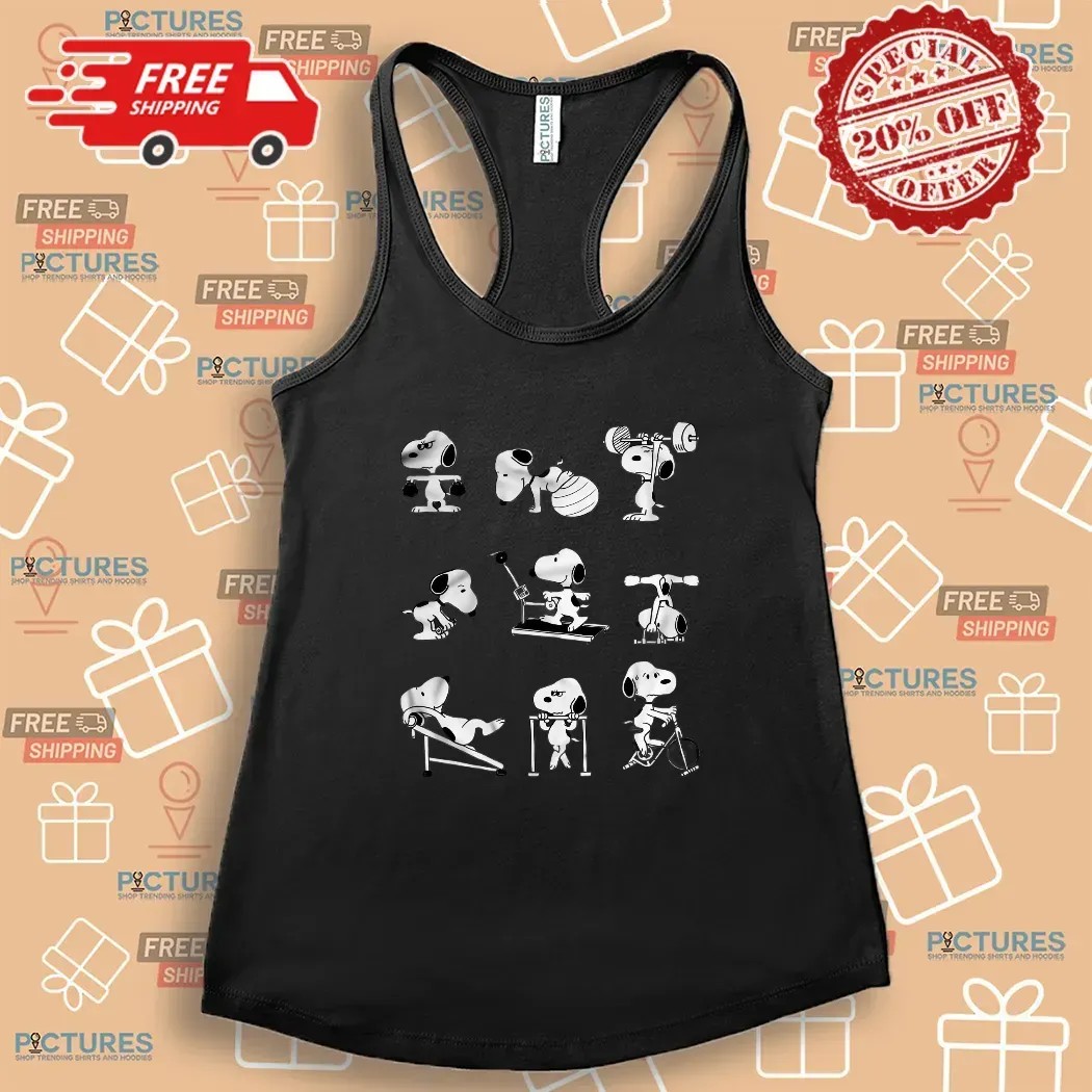 Snoopy Gym Workout Poses Peanuts Cartoon Fitness Graphic T Shirt