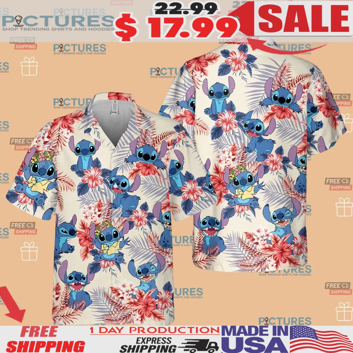 Stitch Summer Vacation Aloha Hawaiian Button Up Shirt