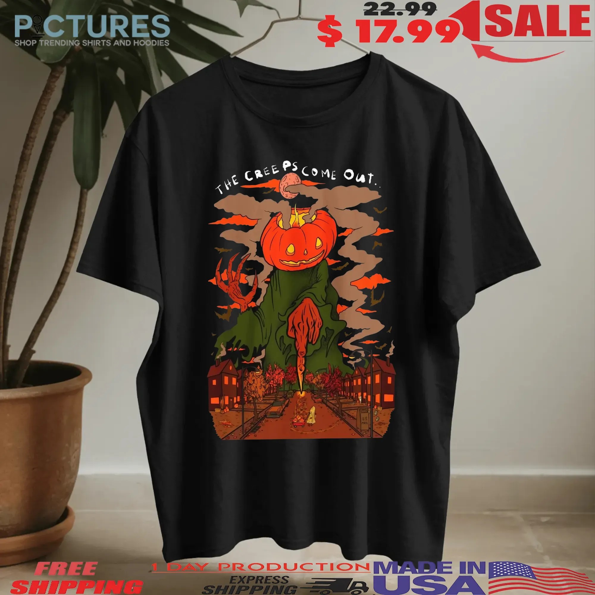 The Creeps Come Out Pumpkin Monster Halloween Graphic T Shirt