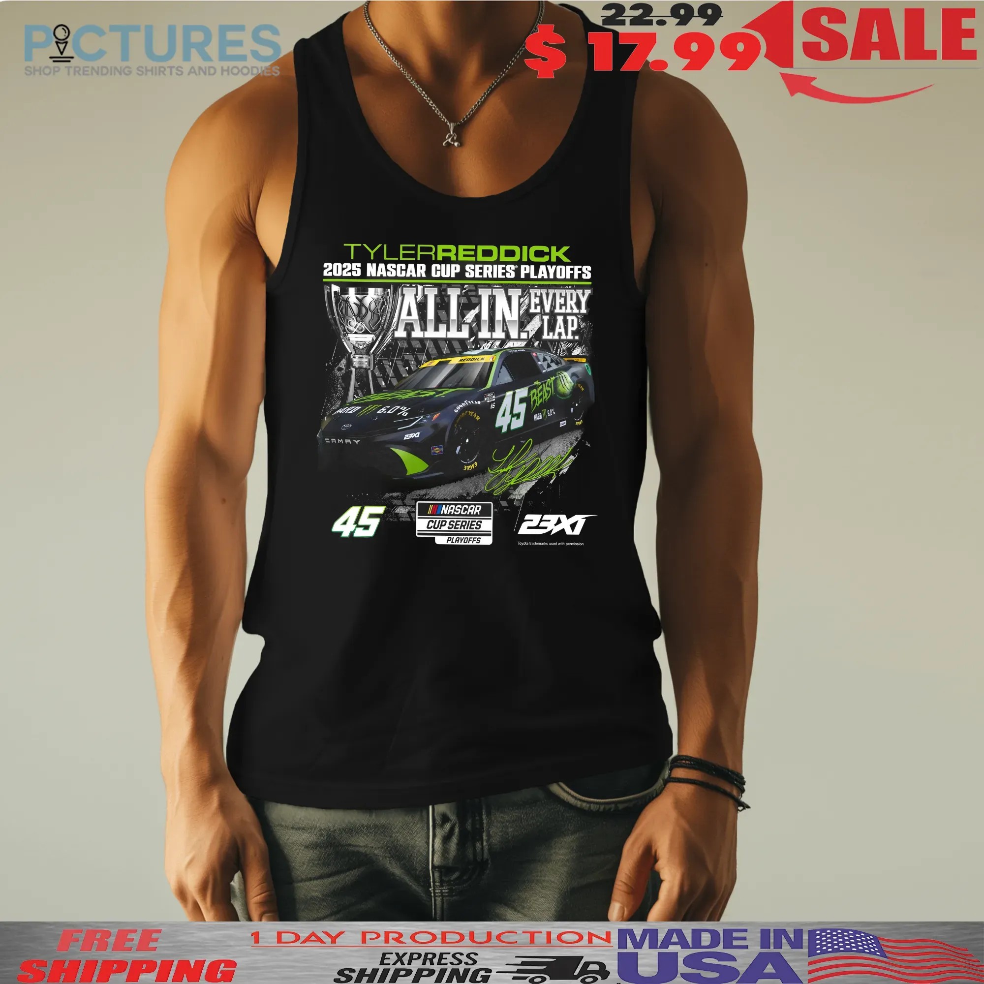 Tyler Reddick Checkered Flag Sports 2025 NASCAR Cup Series Playoffs All In Every Lap The Beast Signature T Shirt