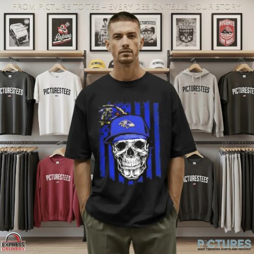 Baltimore Ravens Football Skull Hip Hop US Flag Graphic T Shirt