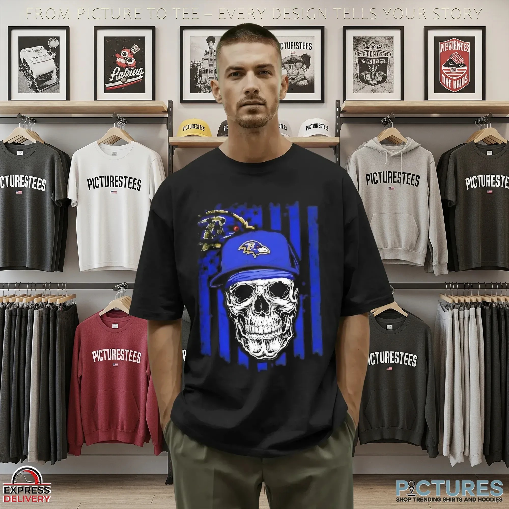 Baltimore Ravens Football Skull Hip Hop US Flag Graphic T Shirt