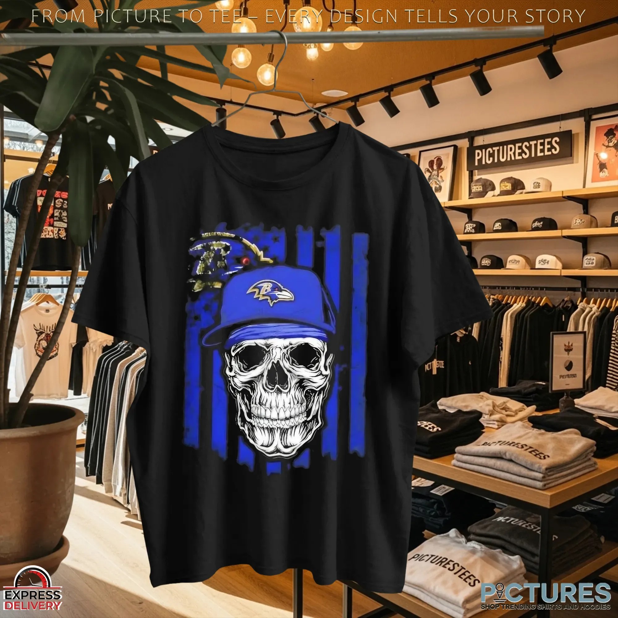 Baltimore Ravens Football Skull Hip Hop US Flag Graphic T Shirt