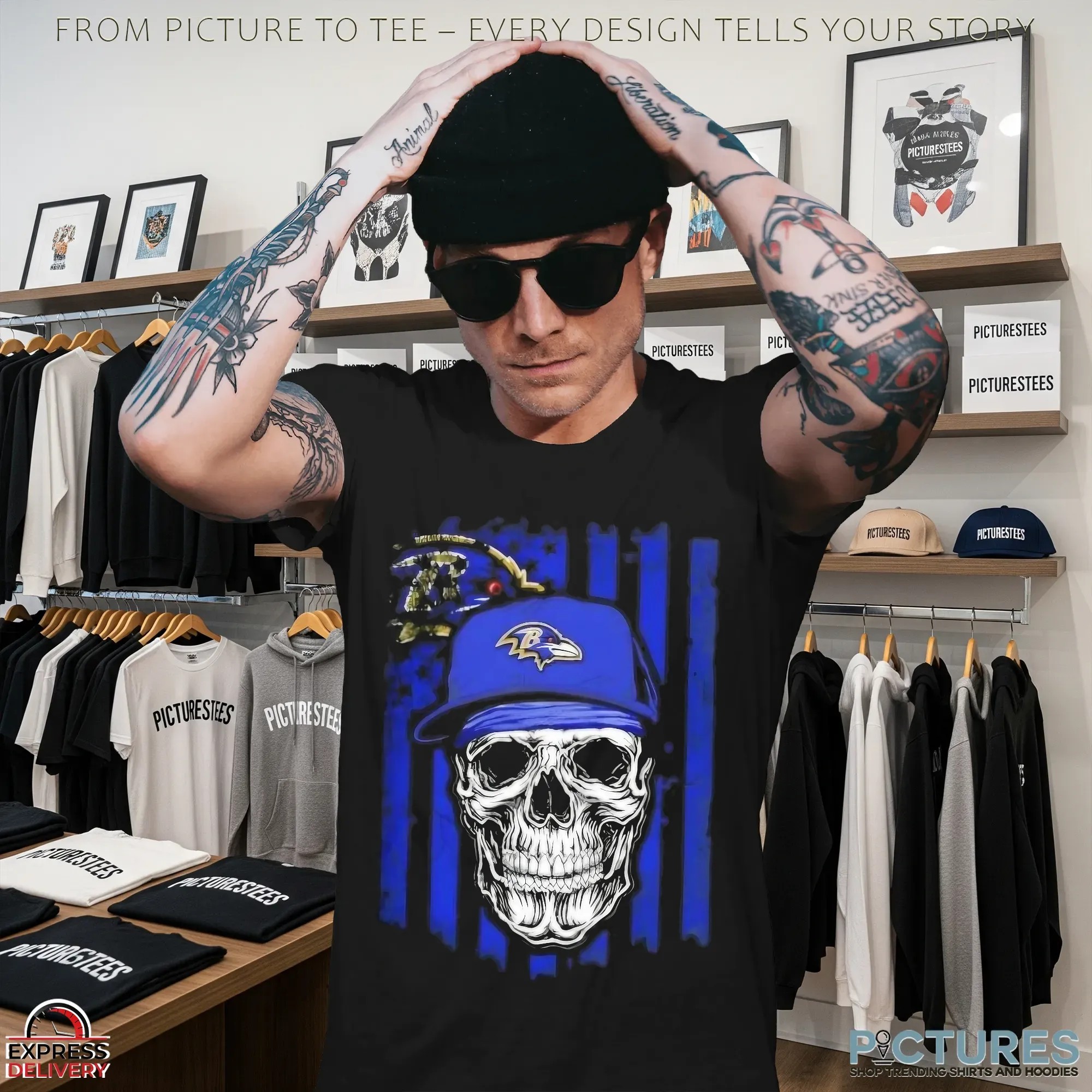 Baltimore Ravens Football Skull Hip Hop US Flag Graphic T Shirt