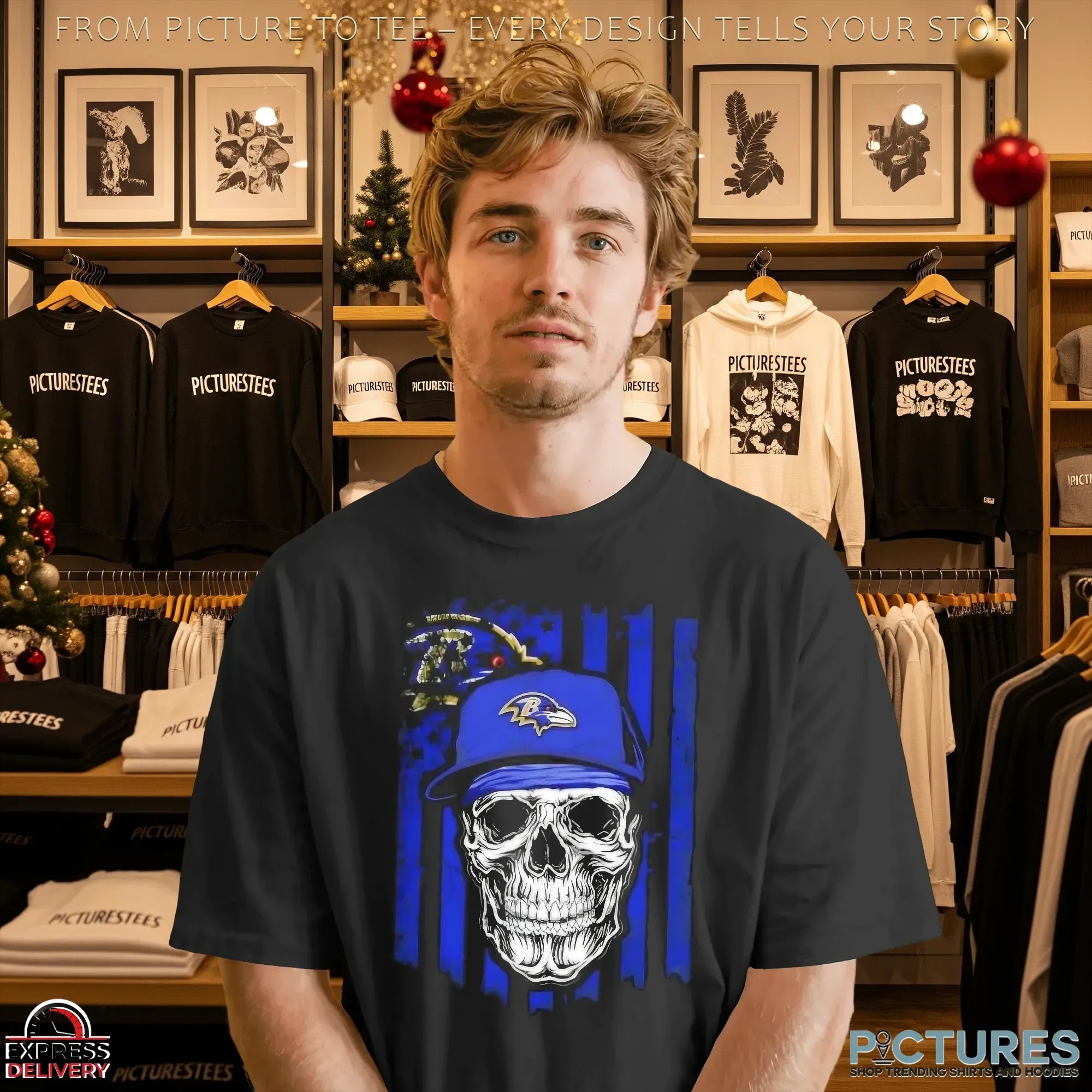 Baltimore Ravens Football Skull Hip Hop US Flag Graphic T Shirt