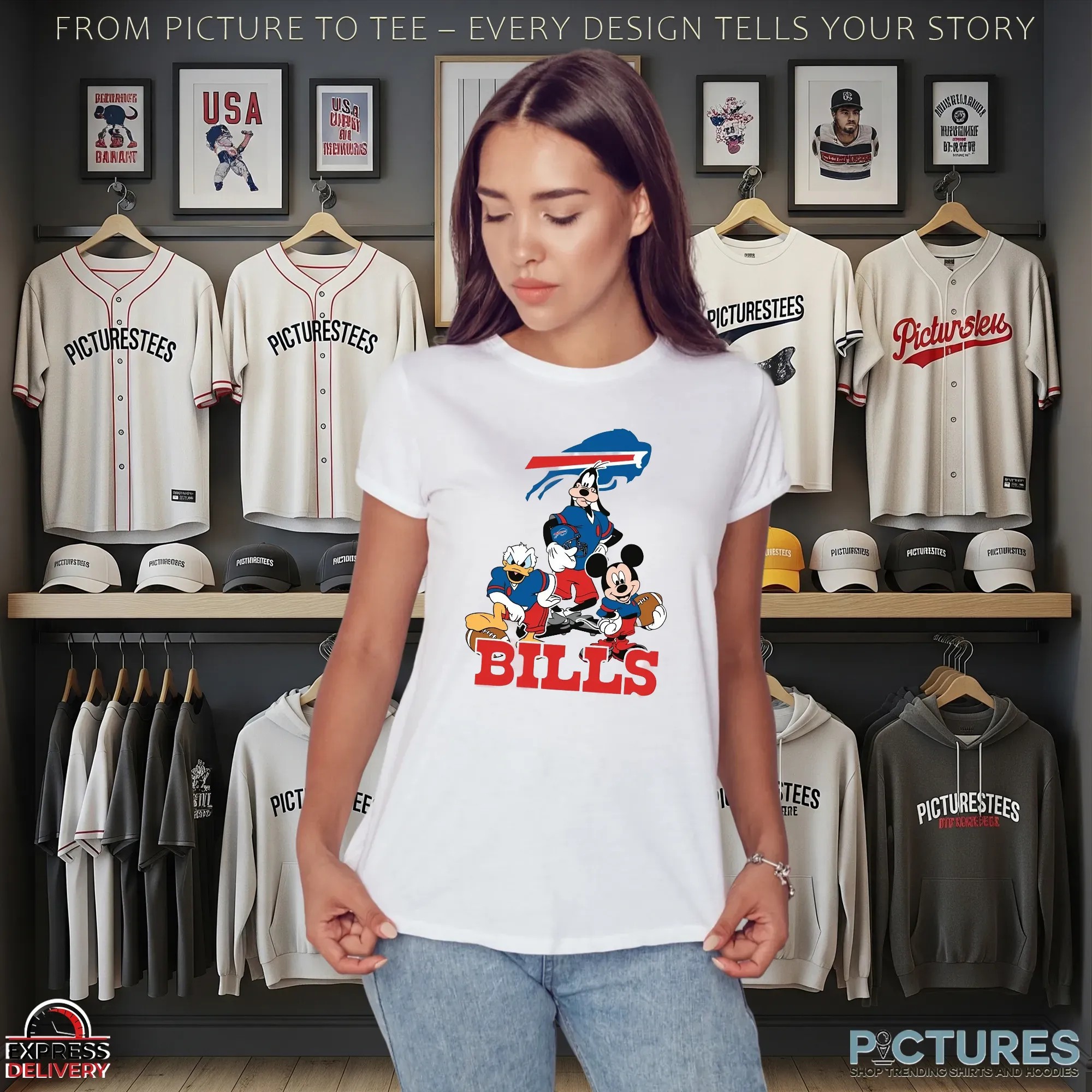 Buffalo Bills Disney Mickey Mouse Donald Duck Goofy NFL Football Fan Graphic T Shirt Buffalo Bills Disney Mickey Mouse Donald Duck Goofy NFL Football Fan Graphic T Shirt