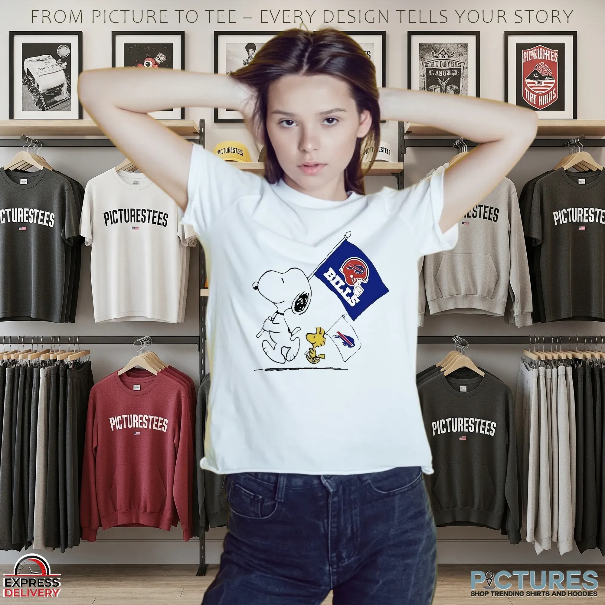 Buffalo Bills Snoopy and Woodstock Peanuts NFL Football Fan Graphic T Shirt