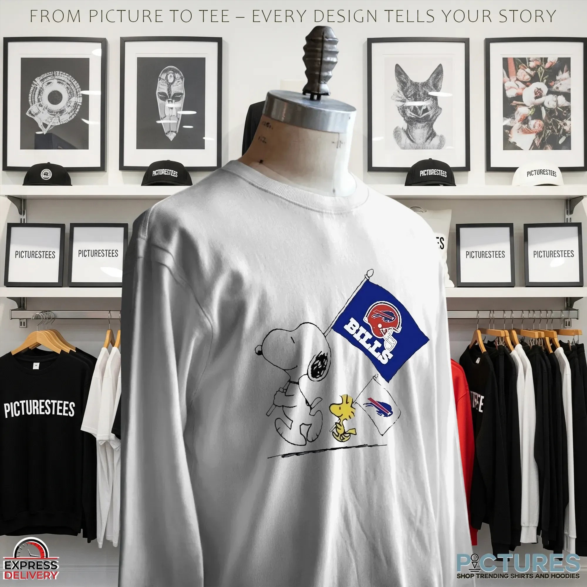 Buffalo Bills Snoopy and Woodstock Peanuts NFL Football Fan Graphic T Shirt