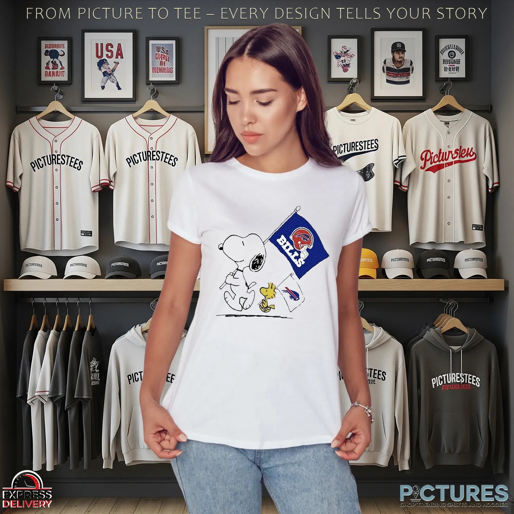 Buffalo Bills Snoopy and Woodstock Peanuts NFL Football Fan Graphic T Shirt